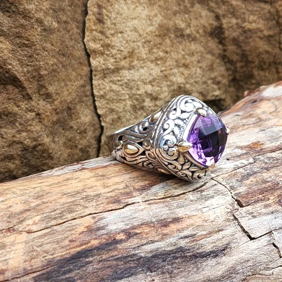 Samuel Benham 925 Sterling Silver 18k Gold Amethyst Designer Size 6.75 Ring BJC - Picture 12 of 12